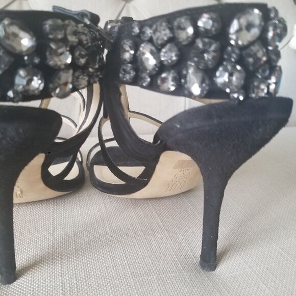 New PELLE MODA | suede heels black shoes t- straps crystals sz 10M - Picture 2 of 4